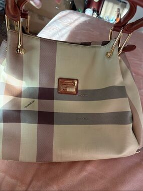 Plaid Shoulder Bag with Tan Leather Handles
